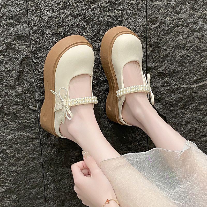 Pearl Round Toe Shoes Platform Women's Slippers and Ladies Sandals Medium Heel Slides Summer Footwear On Promotion Casual Shoe