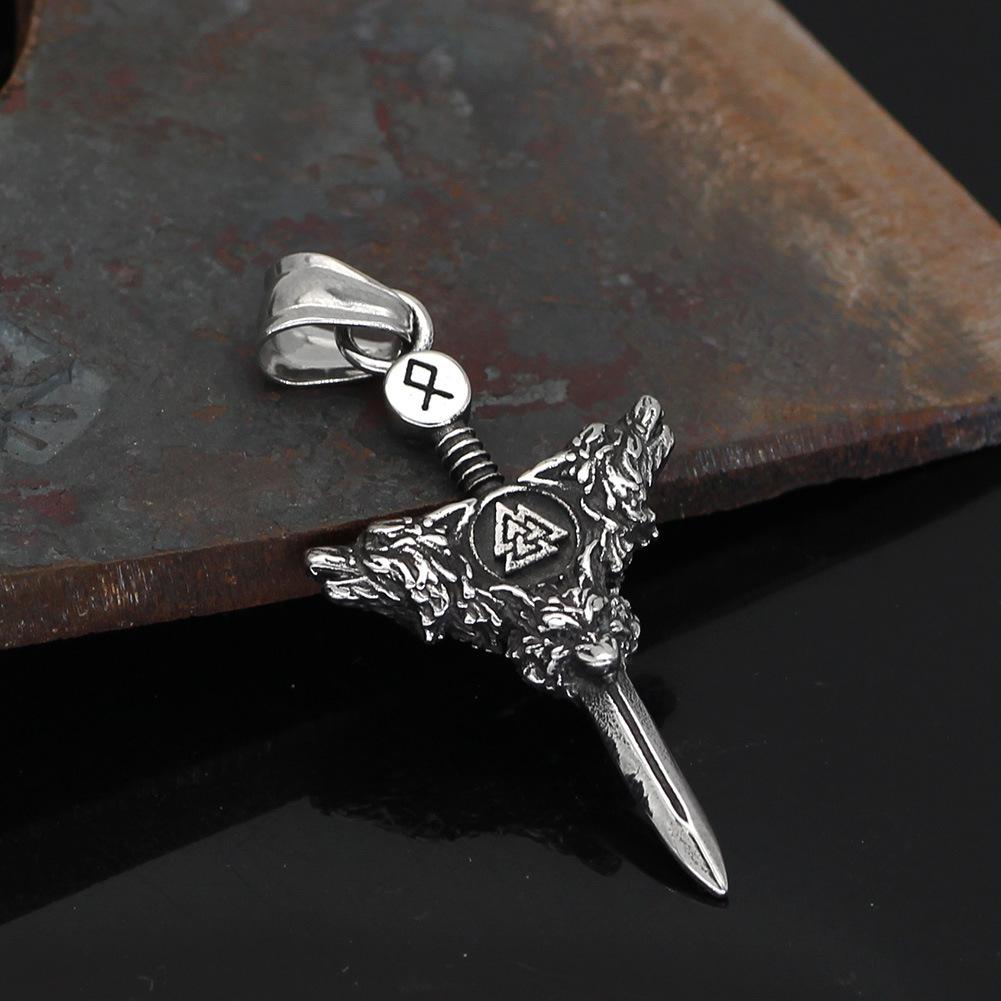 Double Wolf Head Sword Small Pendant Viking Rune Triangle Jewelry Necklace