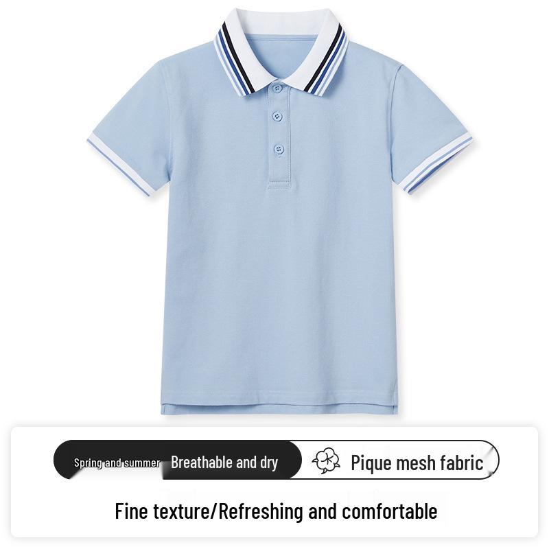 Kids' Light Blue Polo Shirt - Pure Cotton, Navy Blue Lapel, Short Sleeve, Summer Elementary School Uniform