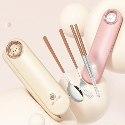 Tragbares Besteckset mit Etui Camping Kawaii Reise Studenten Geschirr für Kinder Edelstahl Löffel Gabel Essstäbchen mit Box