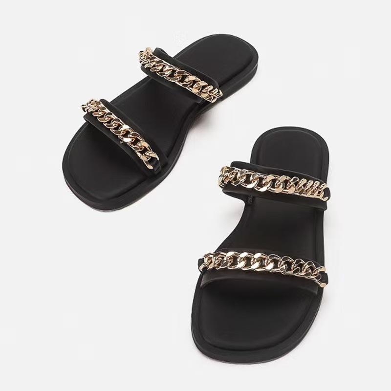 

Большой размер крутые тапочки женские новые цепочка сандалии на плоской подошве женские квадратный носок 41 чёрный