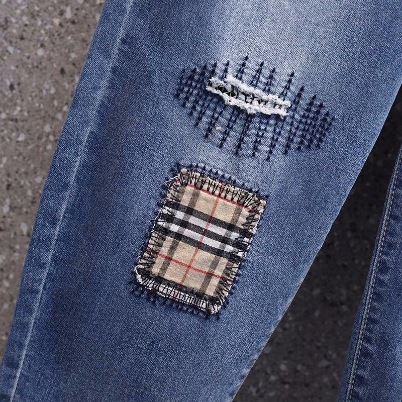 Women's Elastic High Waist Denim Capri Pants 7-Point Loose Casual Slim Fit Embroidered Harem Jeans