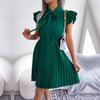 Elegantes Damen-Sommerkleid in Unifarbe mit Hoher Taille, Plissee-Detail und Großem Schleifenkragen, Schnürung, Mode, Frühling