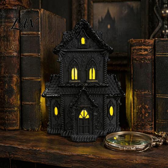 Illuminated Gothic House Ornament Lighted Halloween Village Statue with LED Light, Cabinet Black Spooky Figurine for Tabletop Holiday Home Decor