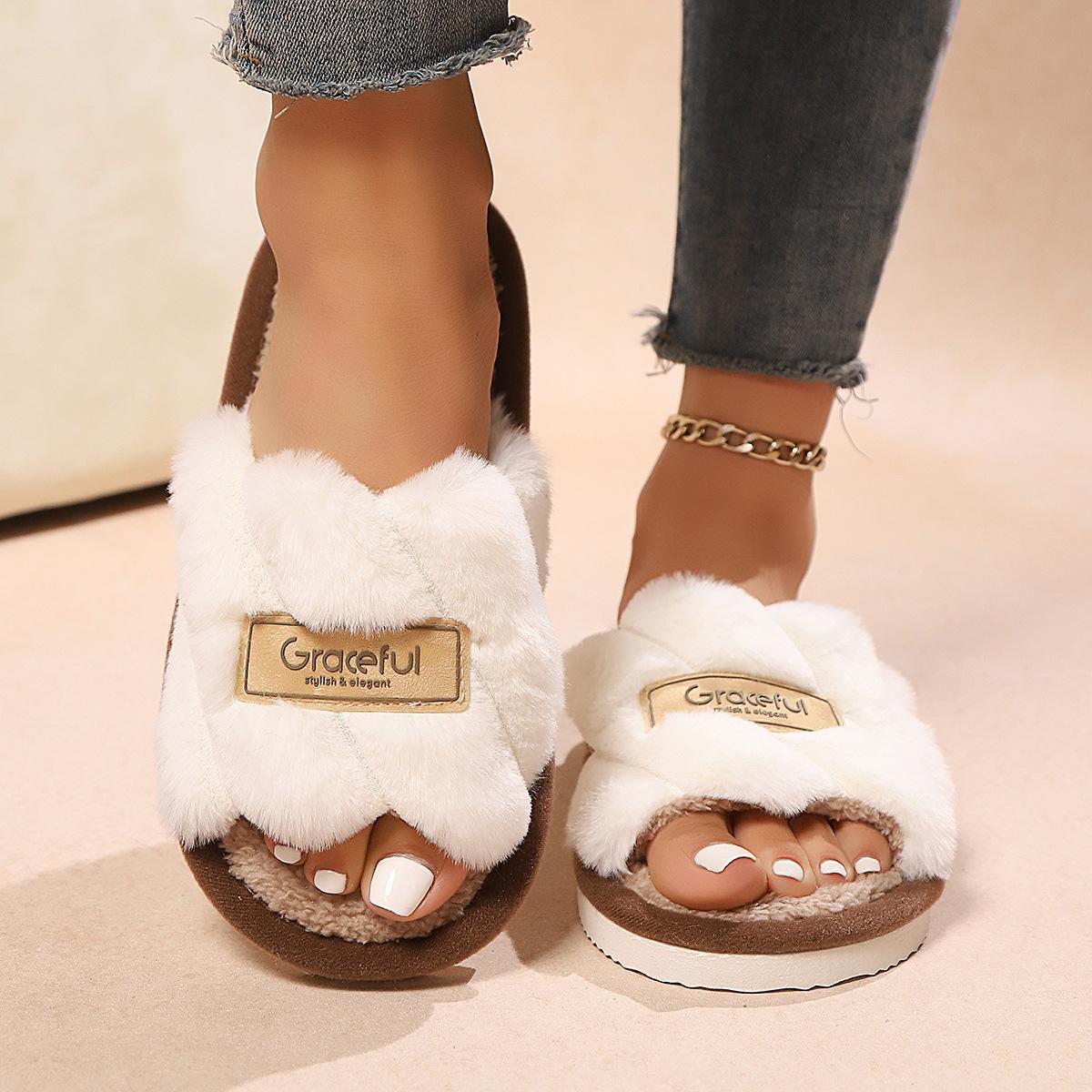 

Fashion Women Home Casual Fluffy Slippers Flats Plush Luxury Designer Woman Shoes Autumn Winter Elegant Indoor Fashion Zapatos Mujer 36-37 белый