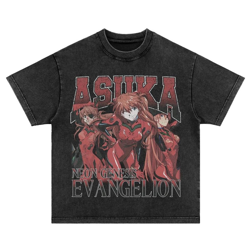 EVA 01 Herren Streetwear T-Shirt Vintage Gewaschen Übergroß Y2K Anime Bedrucktes T-Shirt Damen Harajuku Baumwolle Lässig Kurzarm Kleidung