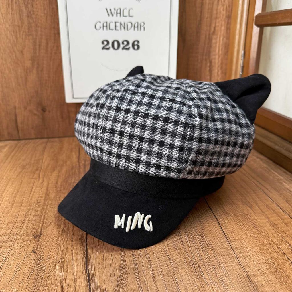 Internet Celebrity Atmosphere Plaid Cat Ear Octagonal Hat Women's Suede Splicing Brim Beret Versatile Retro Newsboy Hat