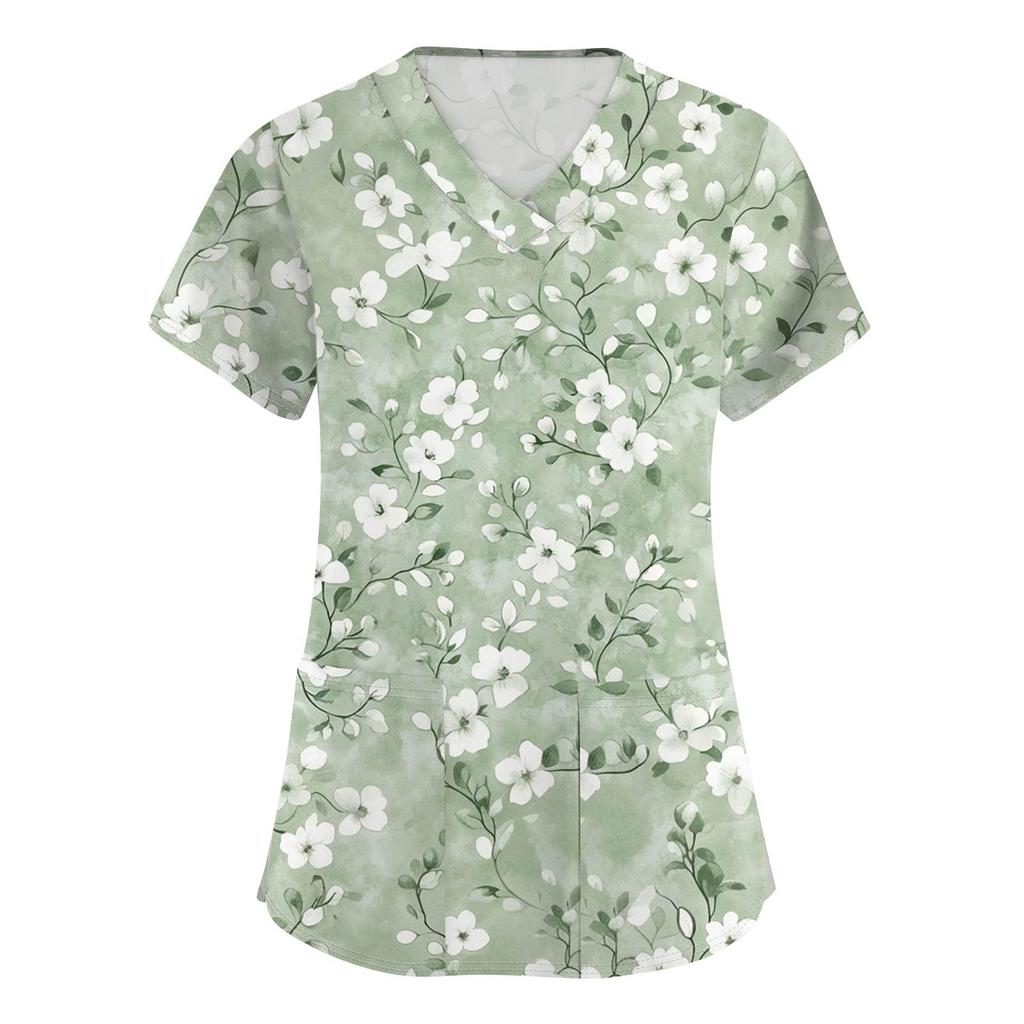 Women's Fashion Printed  Short Sleeve Care Workwear With Double Pockets Top