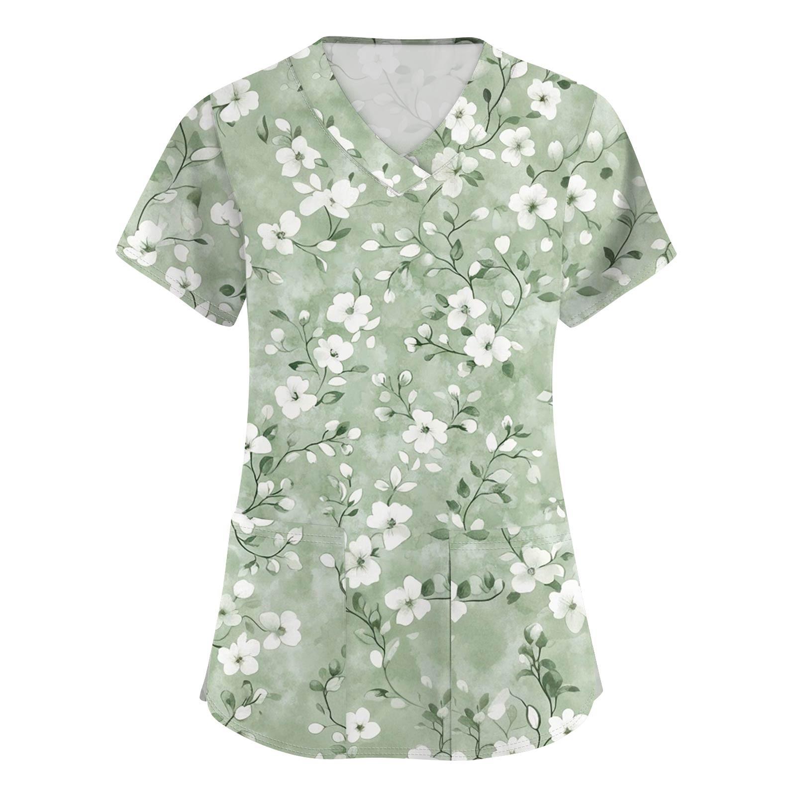 

Женская модная рабочая одежда с короткими рукавами с принтом и верхом с двойными карманами M зелёный