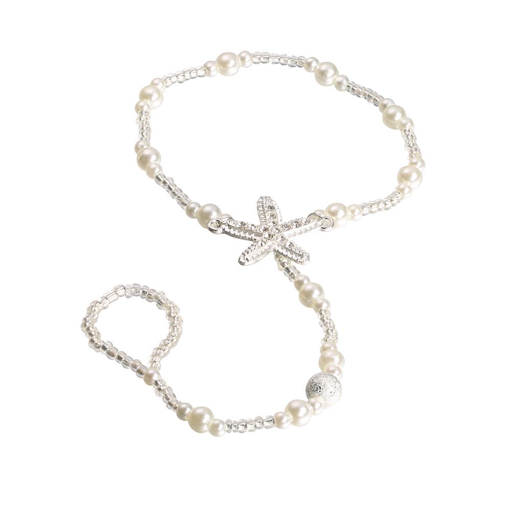 Rhinestone Starfish Pearl Finger Elastic Anklet, Bridal Foot