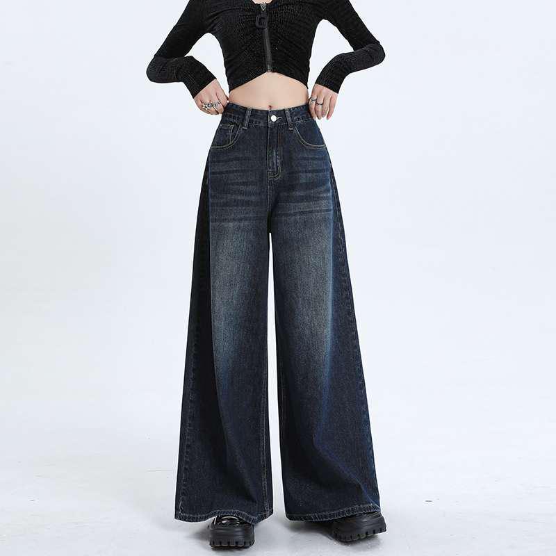 Neue Damen High Waist Schlaghose mit weitem Bein - Gewaschenes Tiefblau Retro Mode Bodenlange Hose
