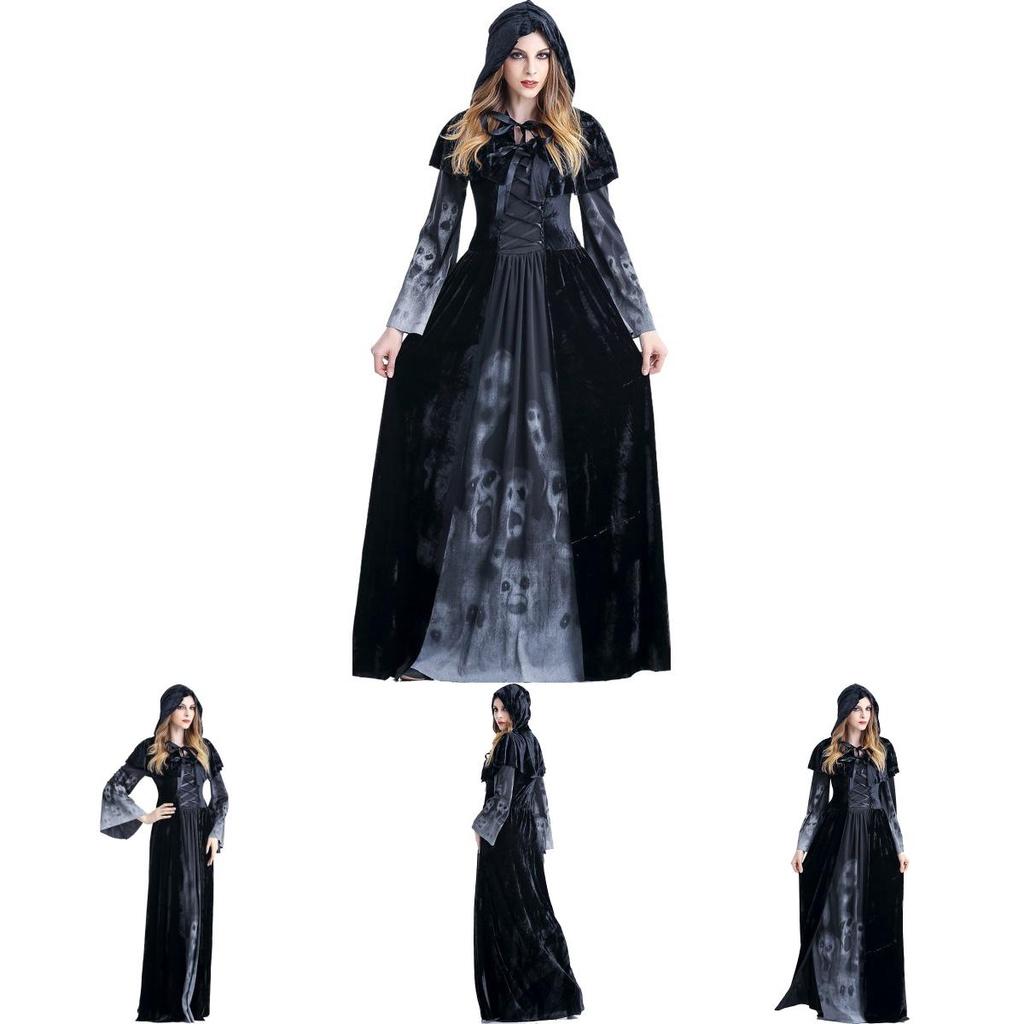 Enchantant Costume de Reine Maléfique Sorcière Gothique pour Femme Avec Manches Évasées Longues Élégantes