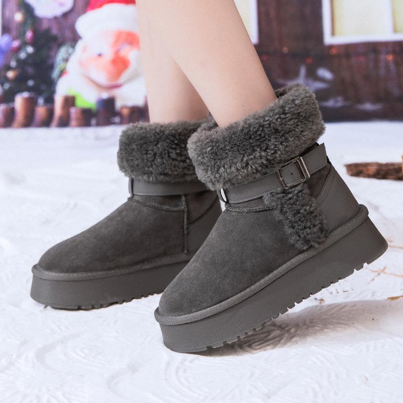 2025 winter new short tube flip mouth belt buckle snow boots thick-soled Northeast knight boots warm and fashionable versatile