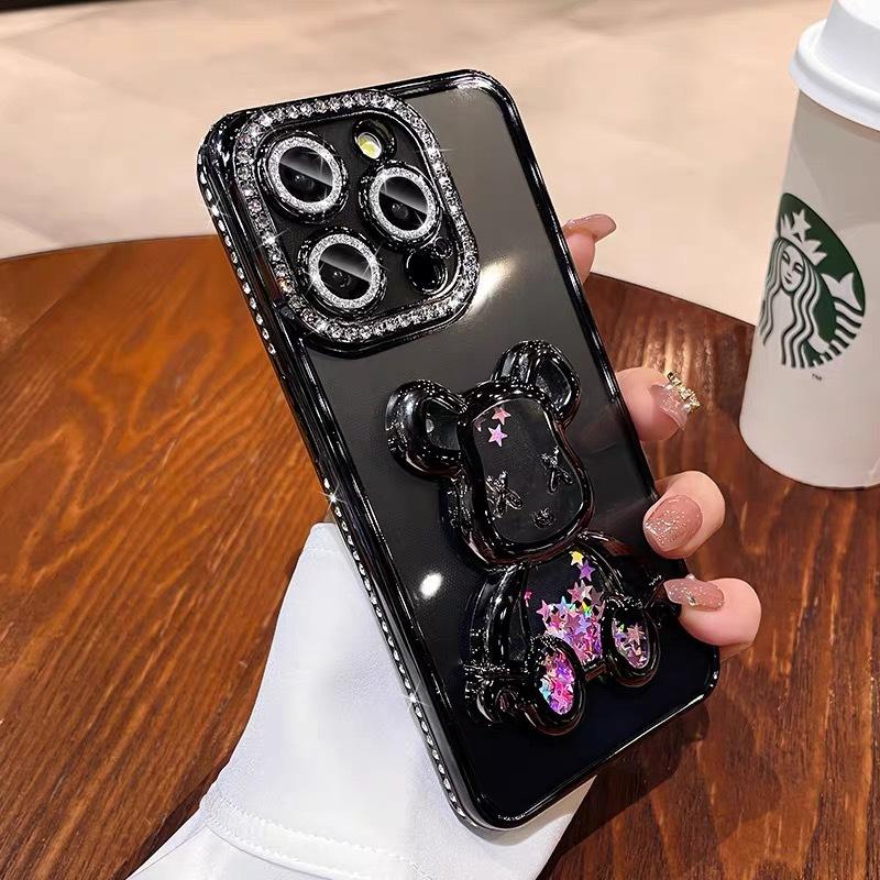 Quicksand Violent Bear Applies To Apple 17 Mobile Phone Case Electroplated Rhinestone iPhone16promax Lens Flash Drill Soft Case