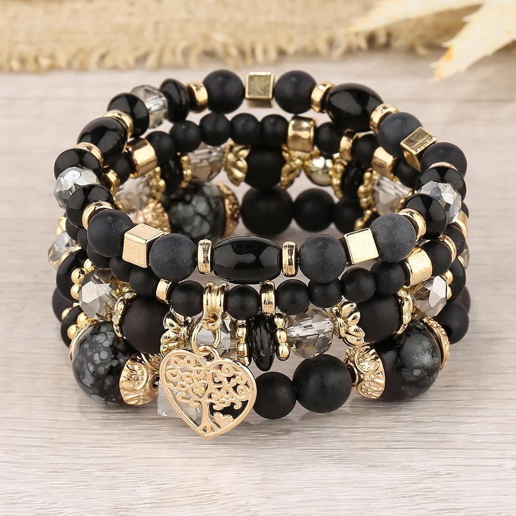 4Pcs Tree of Life Heart Bracelet Set For Women Acrylic Glass Beads Chain Elastic Bangle Female  Party Jewelry