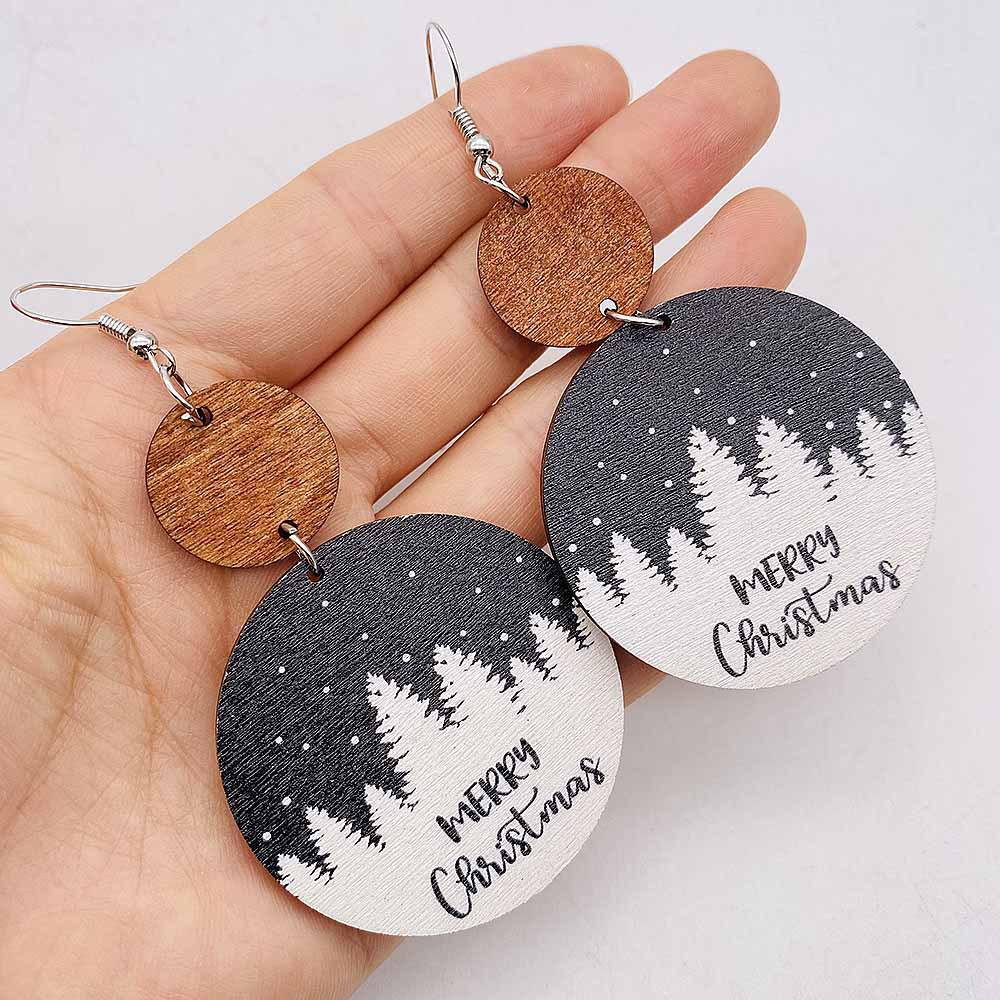 Retro Wooden Christmas Earrings: Geometric Patchwork with Snowman, Tree, and Snow Designs