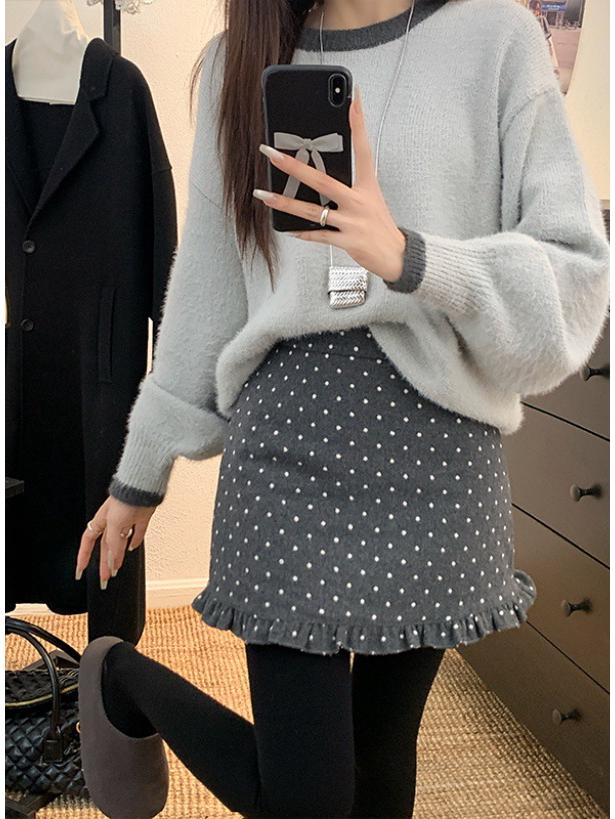 

Plus Size Women s Retro Polka Dot Woolen A-line High Waist Skirt with Lace Trim 2XL (Recommended 135-150 jin)