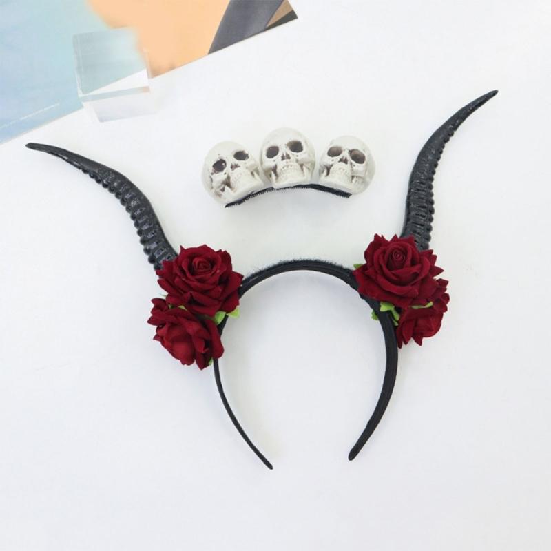 Gothic Lace Rose Devil Horn Headpiece Stylish Hair Hoop Lightweight Photoshoots Props For Halloween Cosplay Event