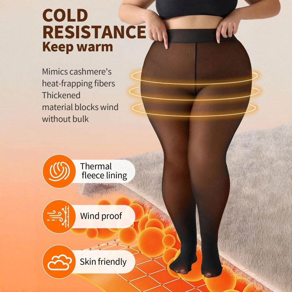 Plus Size Fleece Lined Tights Women, 200G Thermal Sheer Pantyhose, High Waist Windproof Warm Fake Transparent Stockings