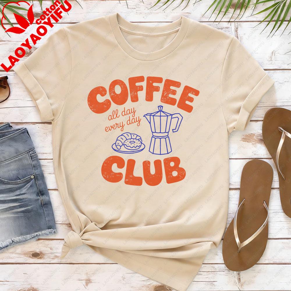 Coffee Club Women TShirt Casual Summer Short Sleeve Tees Cotton Top Coffee Lover Gift for Her Fashion Tee Daily Wear