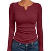 Damen Langarm Schlank Passend Uni Gerippt Gestrickt Geknöpft Basis Schicht T-Shirt