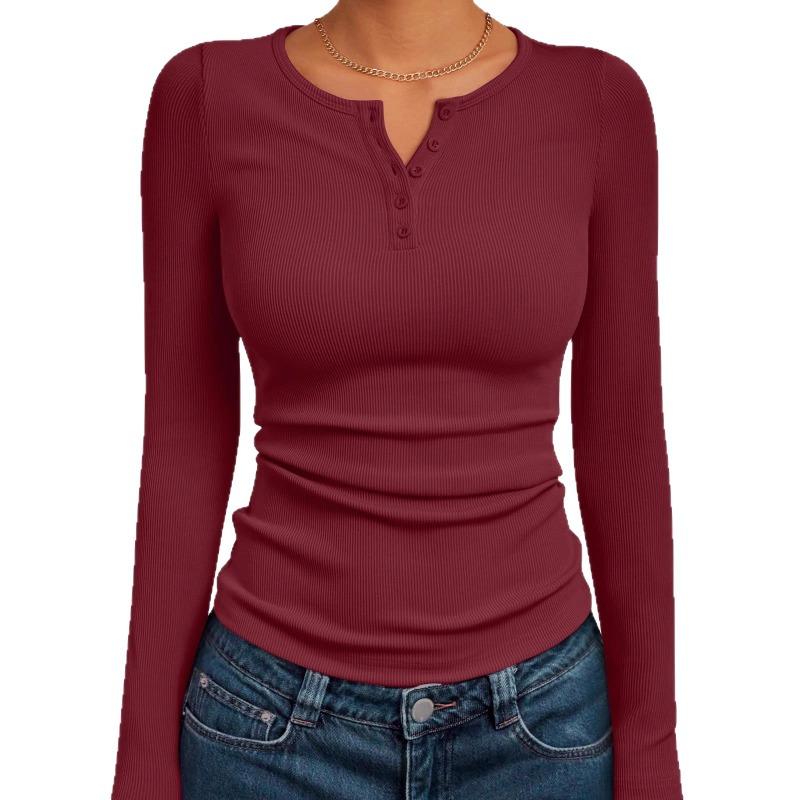 Damen Langarm Schlank Passend Uni Gerippt Gestrickt Geknöpft Basis Schicht T-Shirt