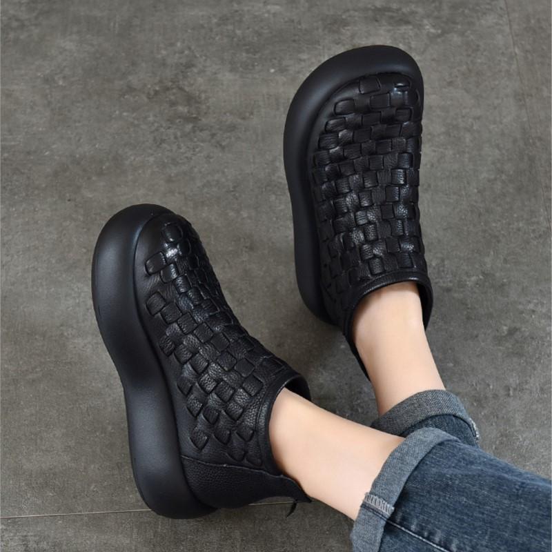 Johnature Retro Ručne Tkané Členkové čižmy z Pravej Kože Dámske Platformové Topánky