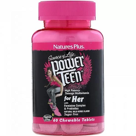 Nature's Plus- Source of Life, Power Teen, For Her, Natural Wild Berry Flavor, 60 Chewable Tablets