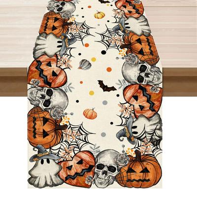 Spooky Skeleton Ghost Pumpkin Halloween Table Runner Party Table Decoration for Home Kitchen Dining Holiday Decor