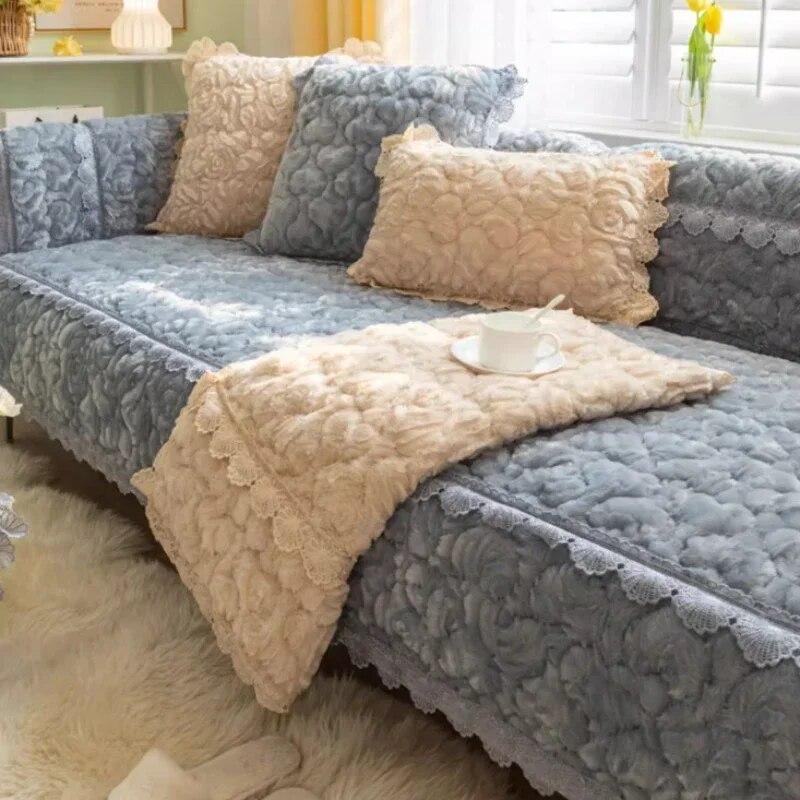 Solid Retro Rose Velvet Sofa Mat European Lace Trimmed Plush Sofa Cushion Leather Sofa Anti Slip Cover Dust Cover Cloth