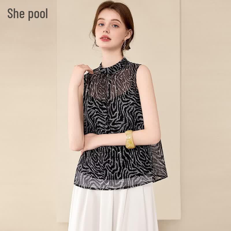 Elegant Stand-Collar Sleeveless Striped Chiffon Top S