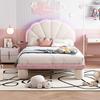 Upholstered Bed with Multicolored Changing LED Light Strips, Wave-Cut Headboard, Round Legs, Wooden Slats, Single, Velvet, Beige+Pink, 90x200cm