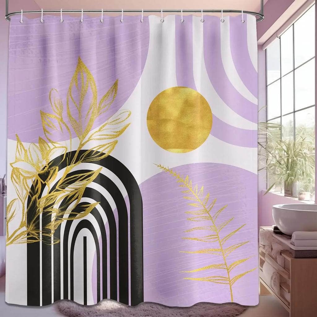 Mid-Century Modern Shower Curtain Bathroom Decoration with Black and Gold Leaves Bathtub Shower Curtain
