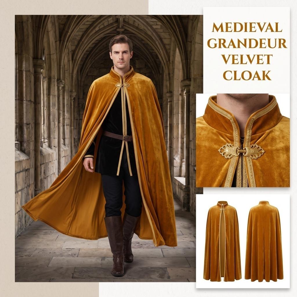 Women's Velvet Cape Coat with Stand Collar and Gold Trim Button Front for Halloween Costume