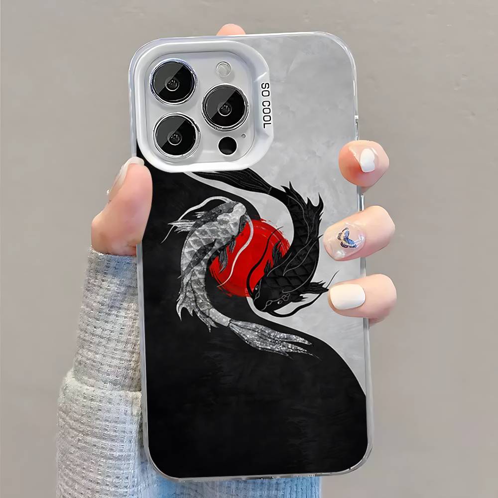 Koi Carp Fish Yin Yang Art Phone Case For iPhone 16,15,14,13,12,11,Pro,XS,Max,Plus,Mini,SE White Candy Matte Shockproof Cover