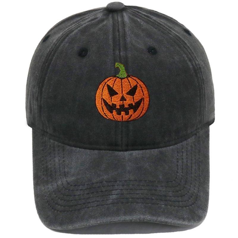 Cross-border Bestseller: Washed Soft-Top Casual Baseball Cap for Men and Women with Halloween Embroidered Pumpkin Smiley Face