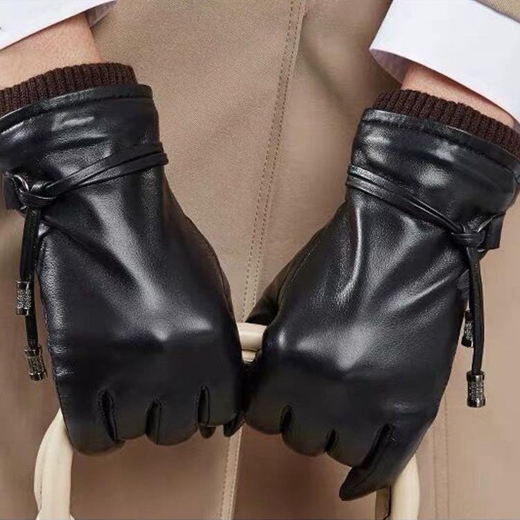 Женские зимние кожаные перчатки для езды на велосипеде, вождения, от холода и ветра, с бархатом, теплые, для сенсорного экрана, с ремешком, модные перчатки L