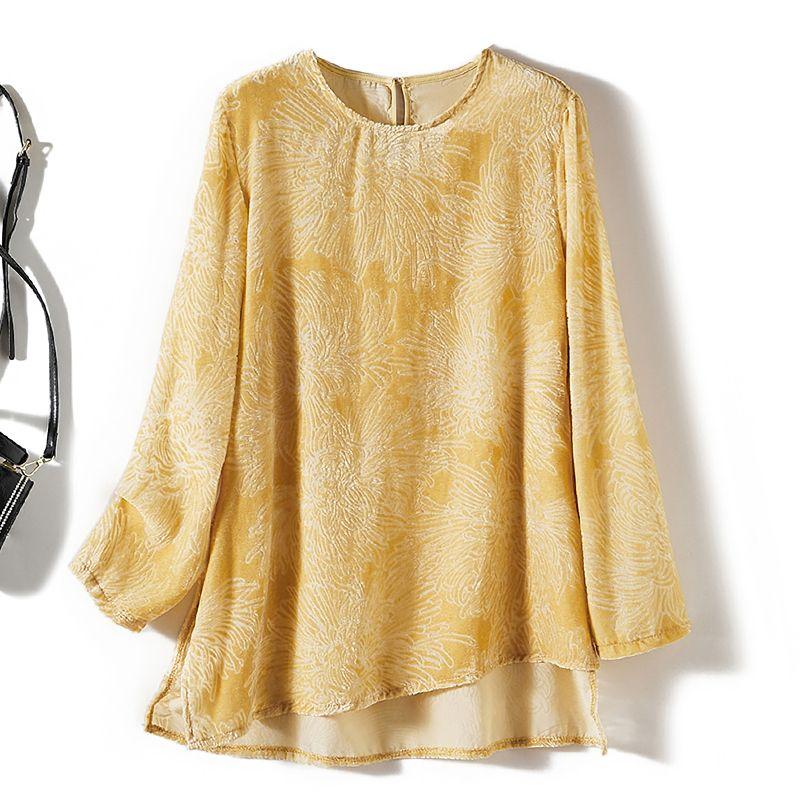 

Craft Concave-Convex Pattern Flocking Yarn Long Sleeves Asymmetrical round Neck Pullover T-shirt Female Fall and Winter Bandage Dress Base Clothing Yellow L