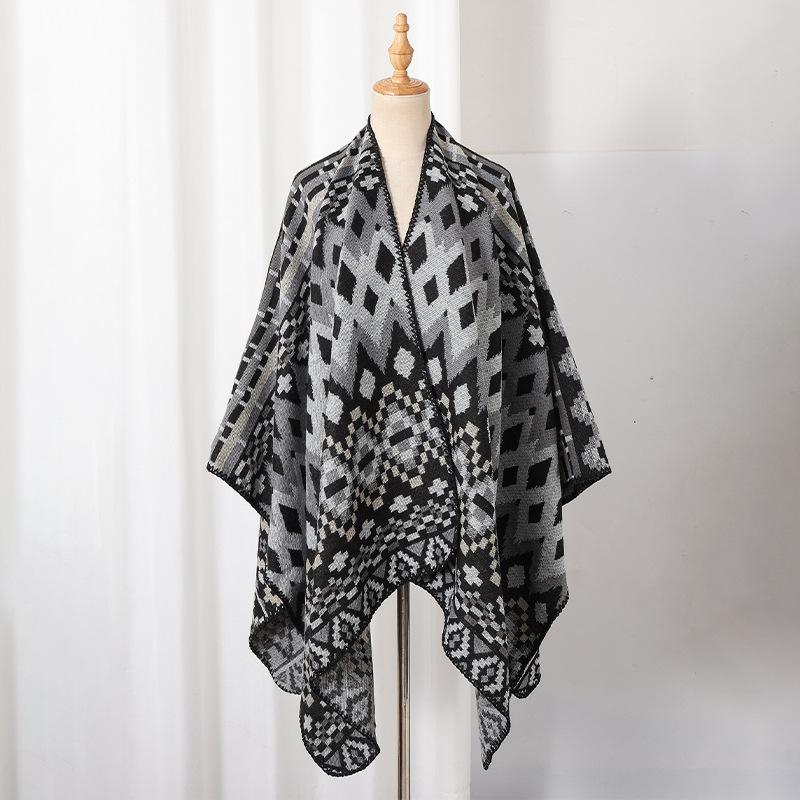 Ethnic style colorful geometric hooded shawl Xinjiang Xizang travel wear photo warm outer cloak slit towel 130*150cm