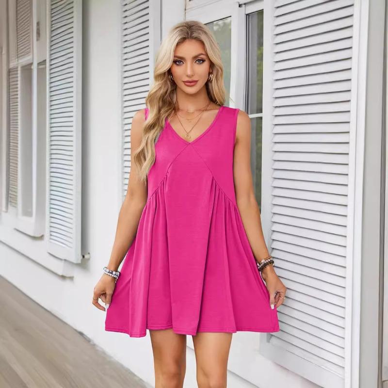 Fashion V-neck Sleeveless Summer Dress Women Loose Pleated Casual Party Short Dress Office Lady Solid Vintage Elegant Sexy Dresses 1043