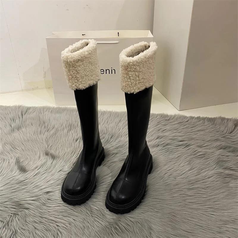 Fashion Women Winter New Soft Leather Knee Boots Ladies Fashion Outdoor Thick Soled Black Long Round Toe Knee-high Knight Boots Footwear