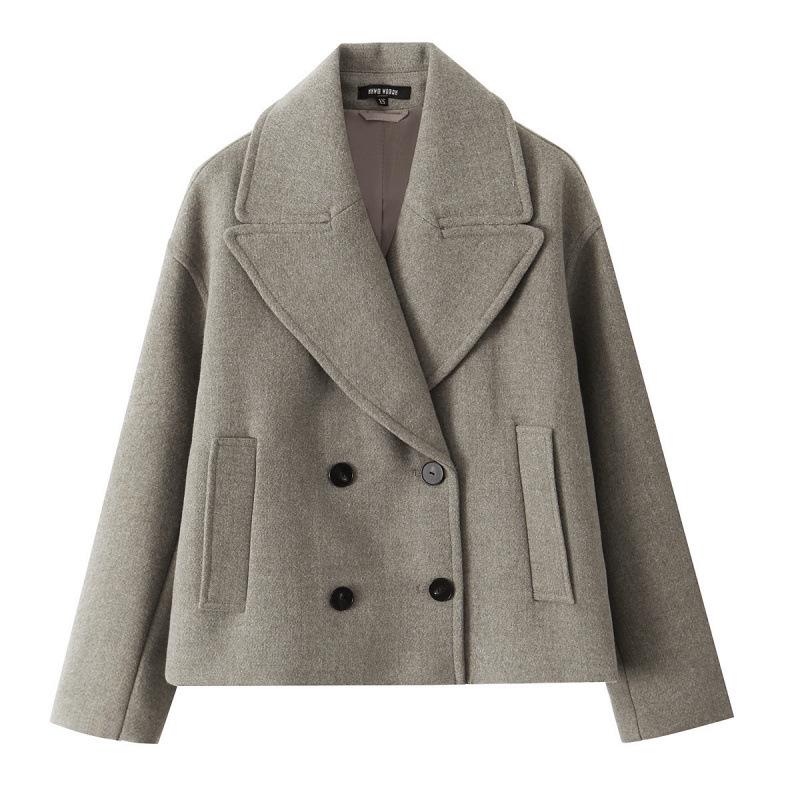 

Европейский и американский стиль осеннее женское двубортное шерстяное короткое пальто Small серый/верблюд