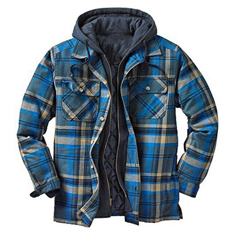 Giacca con cappuccio in flanella trapuntata casual da uomo, morbida e calda, a maniche lunghe, con cerniera, a quadri, per uomo, con cappuccio invernale, cappotto, capispalla