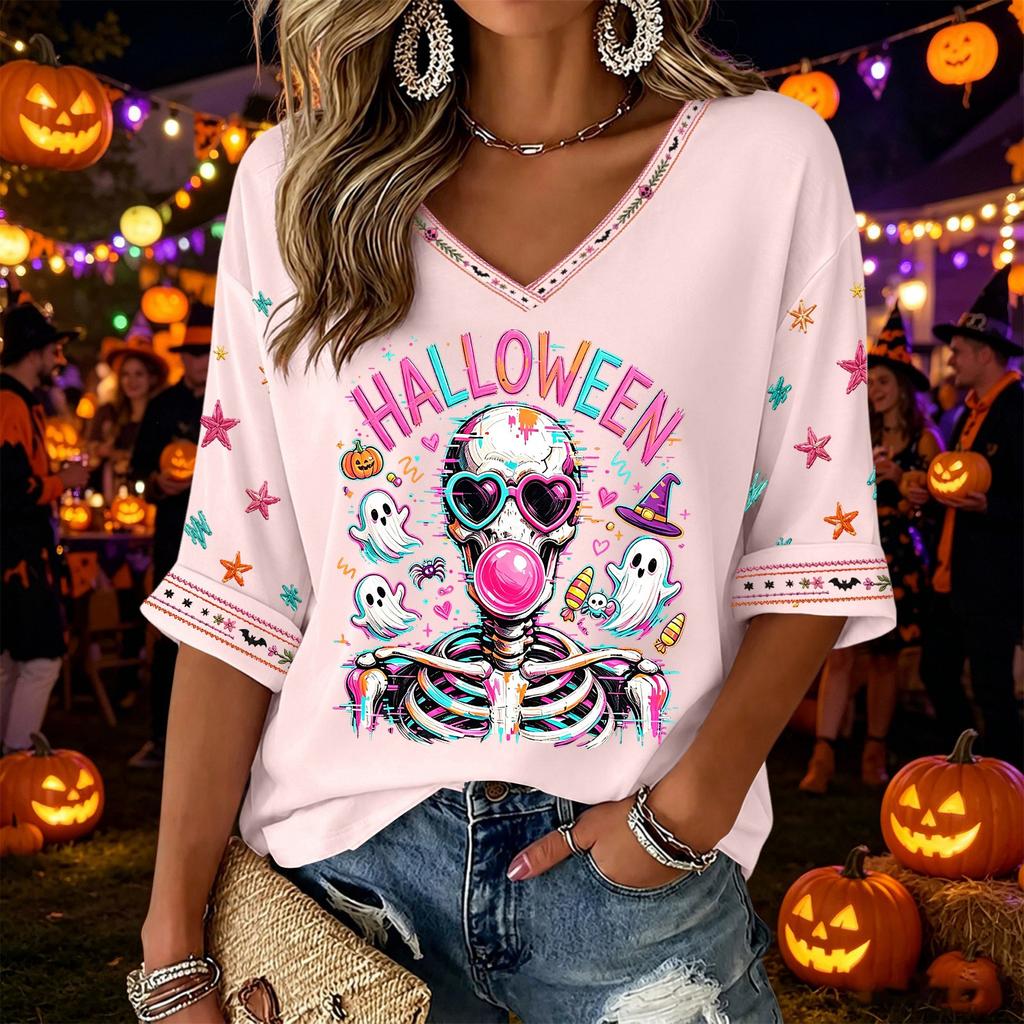 Women's V-Neck Three-Quarter Sleeve Halloween Print Top Blouse for Casual Fall Outfit