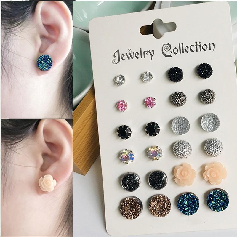 

12 пар женских серег-гвоздиков, простой стиль, разноцветные цветы, ювелирные изделия
