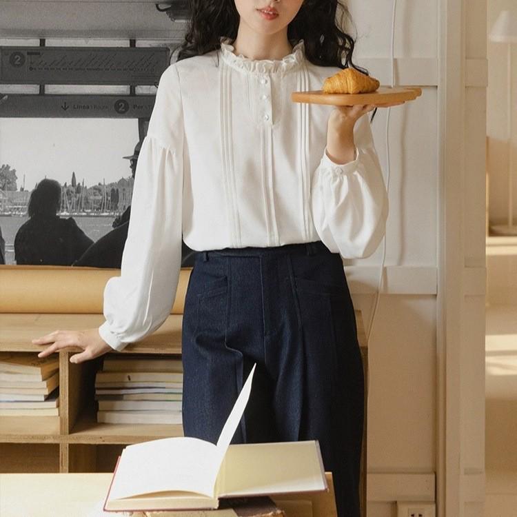 Nesolum Women's White Frill Stand-Up Collar Shirt - Autumn French Retro Long-Sleeve Loose Top