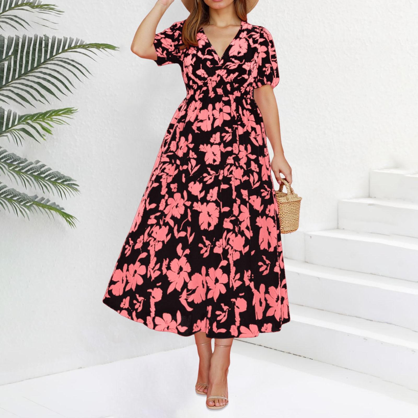 

Женское модное платье больших размеров с V-образным вырезом и короткими рукавами с цветочным принтом для отдыха на море XL арбуз красный