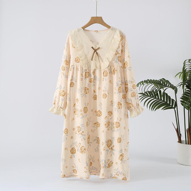 Lace collar nightdress women's spring and autumn summer long-sleeved pure cotton gauze thin sweet princess style home dress can be worn outside