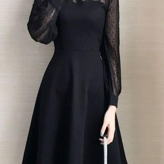 Plus Size Lace Slimming Dress - Cinched Waist, Long Sleeve, Spring & Autumn