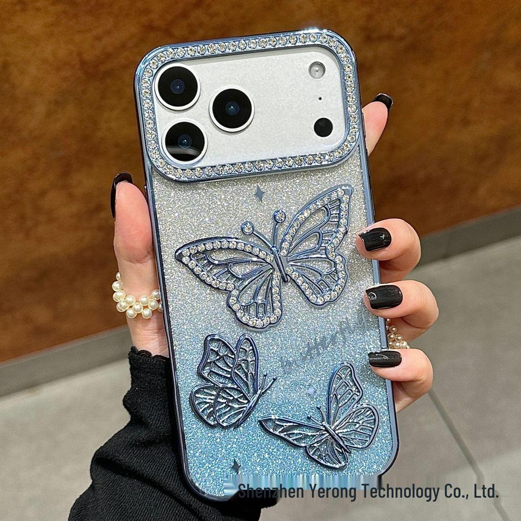 3D Shining Rhinestone Butterfly Case for iPhone 17 Pro Max Electroplated Glitter Protective Cover
